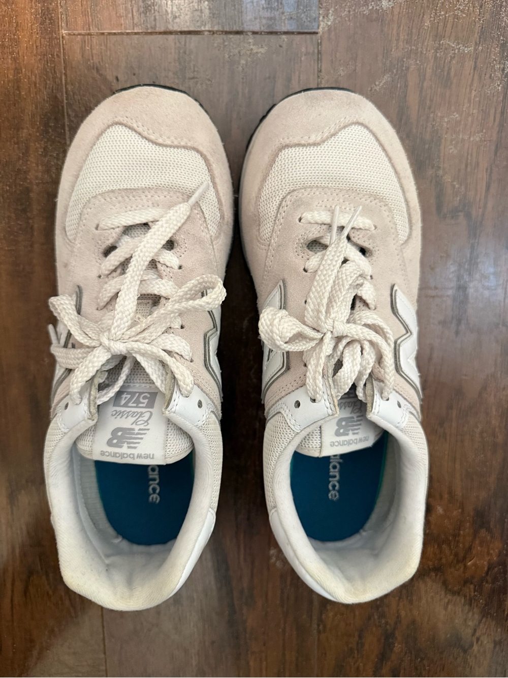 New Balance Beige and White 574 Suede Mesh Sneakers